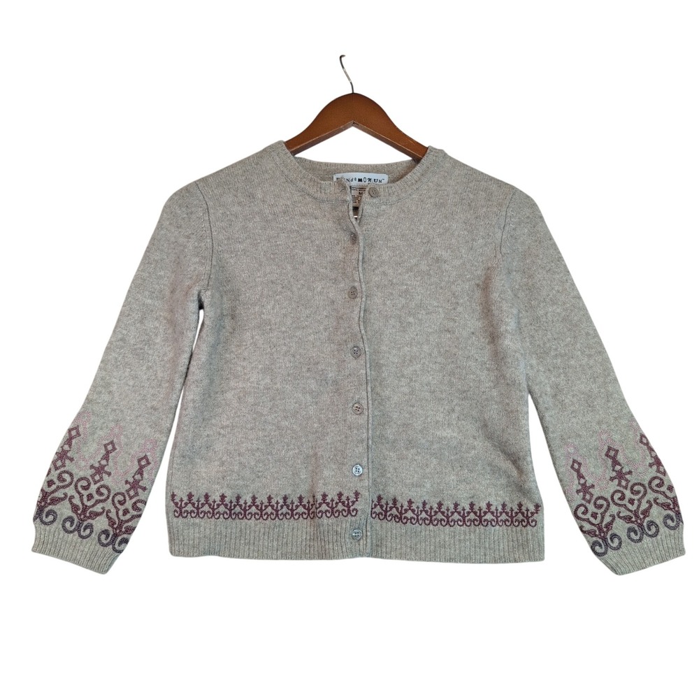 Pandemonium Vintage Sz Md Lambswool Blend Embroidered Cardigan Tan Burgundy Cozy